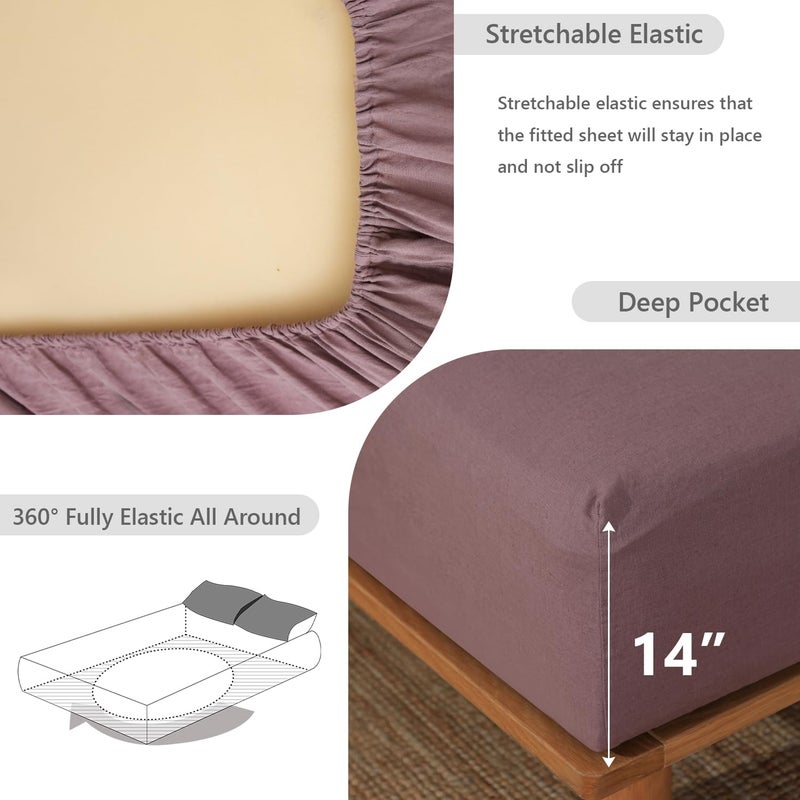 Simple&Opulence 100% Linen Fitted Sheet Full(1 Piece), 14 Inch Deep Pocket Mattress Cover Natural French Flax Stone Washed Farmhouse Soft Breathable Bottom Sheets-Purple - Image 3